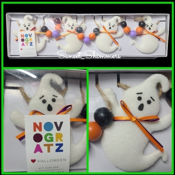 Halloween Ghost 6' Felt Stitch Vintage Farm House Wood Bead Garland Novogratz - Picture 1 of 1